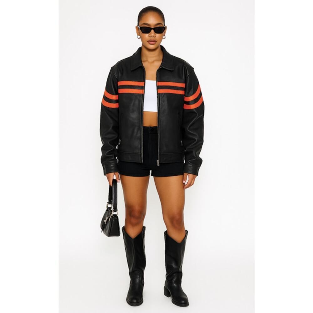 Vintage Leather Café Racer Jacket M–Orange Racing Stripe Moto Biker Heavyweight